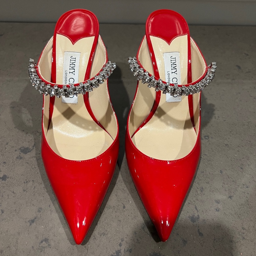 Jimmy Choo Bing Red Patent Rhinestone Heels 37.5/7.5